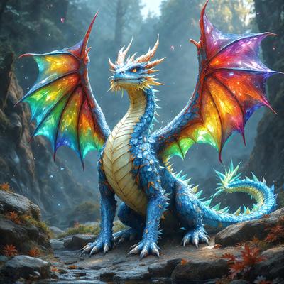 The primary subject of the image is a large, colorful dragon. The dragon is sitting on a rock in a forest, surrounded by trees. The visual style of the image is digital art, with the dragon being depicted in a vibrant and detailed manner. The colors and mood of the image are lively and energetic, with the dragon's vivid colors and the forest setting creating a sense of adventure and magic.